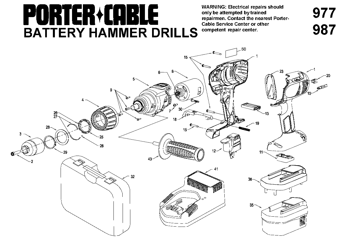Default Diagram and Parts List for 9987 Type 1 Porter Cable Electric Drill